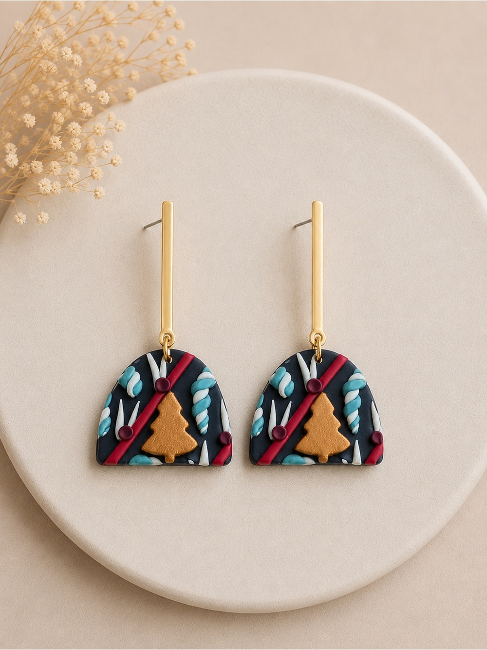 Gold Tree Accent Black & Teal Drop Earrings